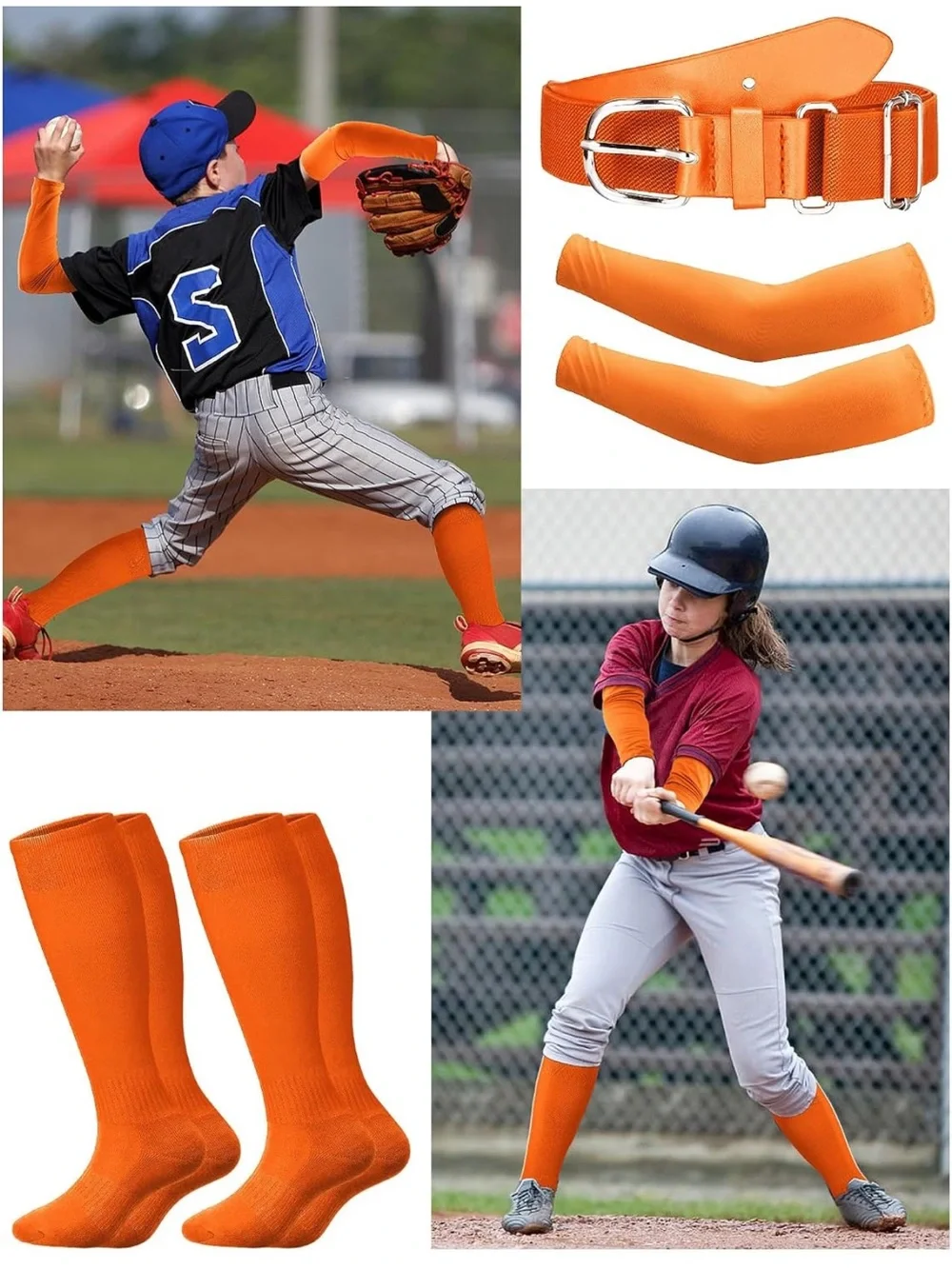 ROLVNHTV Adult Baseball Softball Combo Set Orange Socks Belt Arm Sleeves NEW⁠